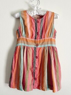 Girls Pink Chicken Multicolor Striped Cotton Dress